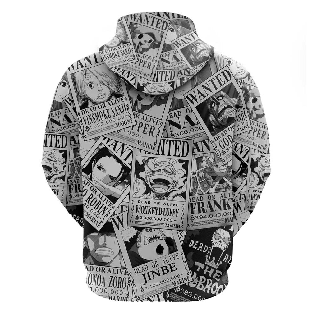 Straw Hat Wanted Pattern One Piece Zip Hoodie Anime Mix Manga Style