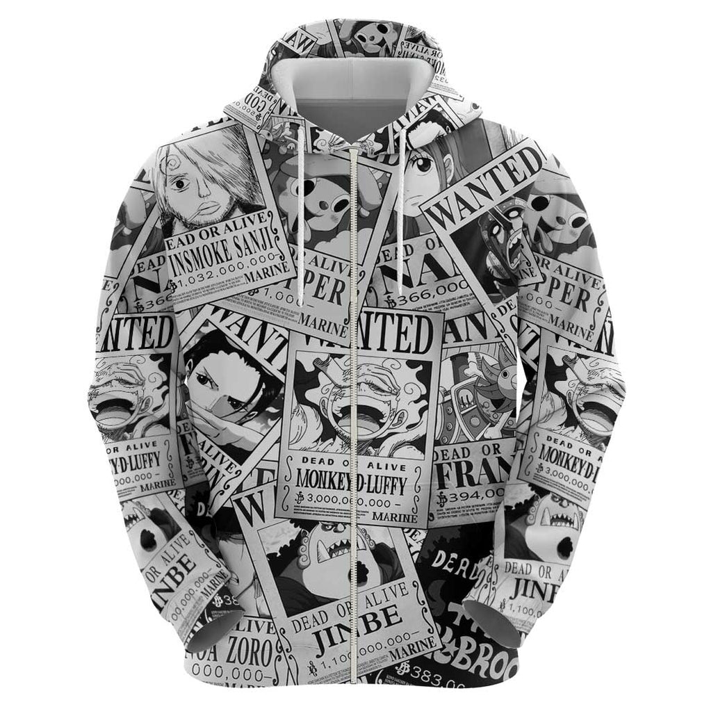 Straw Hat Wanted Pattern One Piece Zip Hoodie Anime Mix Manga Style