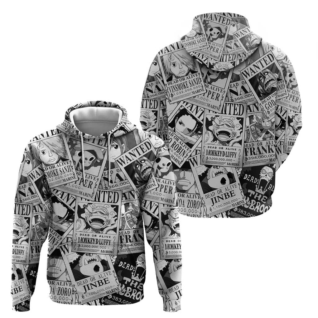 Straw Hat Wanted Pattern One Piece Zip Hoodie Anime Mix Manga Style