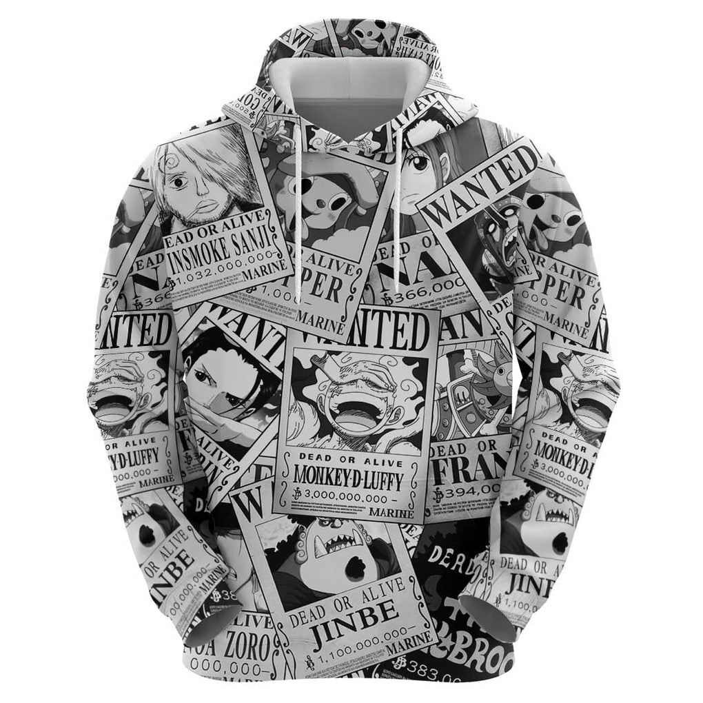 Straw Hat Wanted Pattern One Piece Zip Hoodie Anime Mix Manga Style