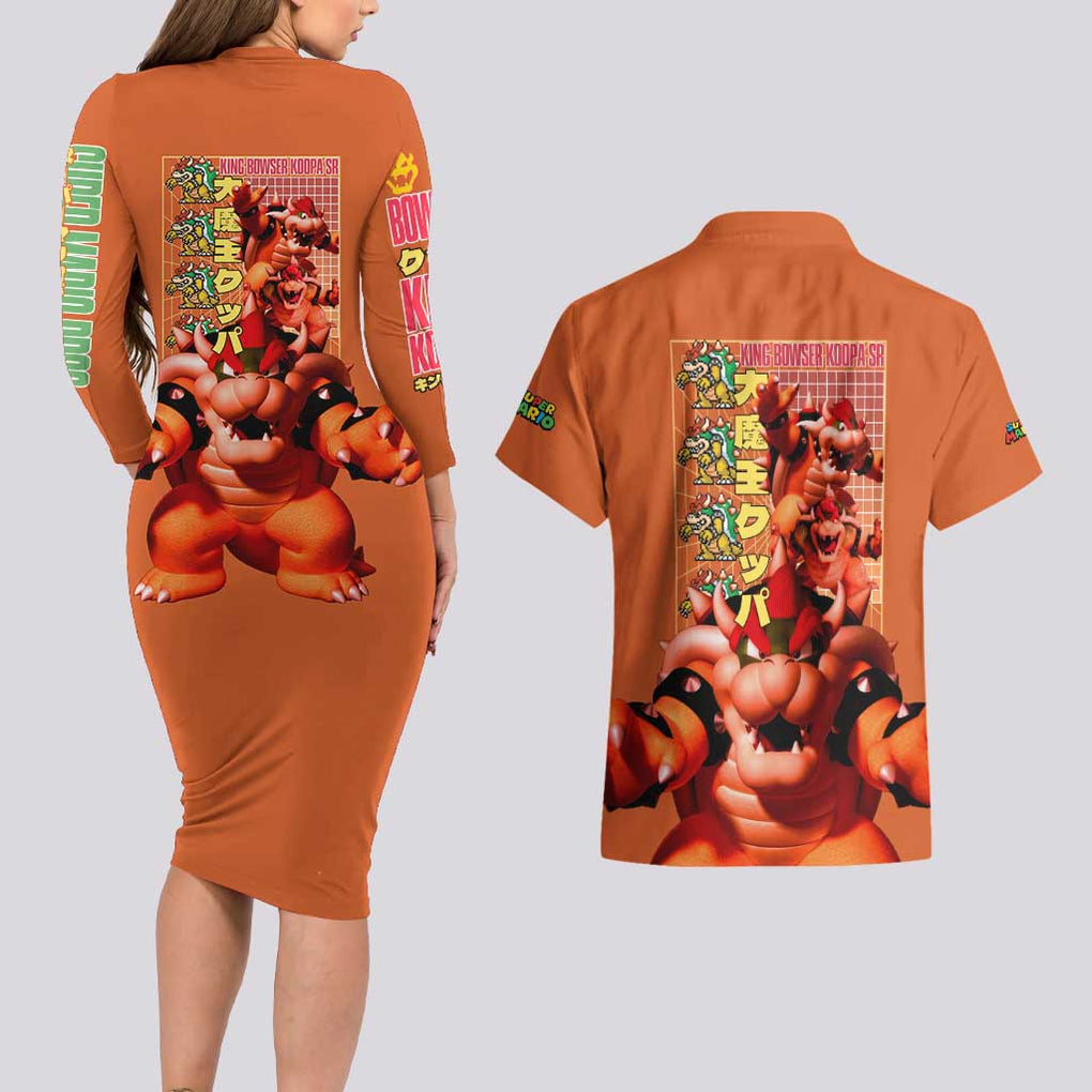 Bowser Mario Bros Couples Matching Long Sleeve Bodycon Dress and Hawaiian Shirt Anime Style