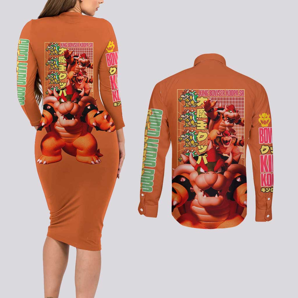 Bowser Mario Bros Couples Matching Long Sleeve Bodycon Dress and Long Sleeve Button Shirt Anime Style