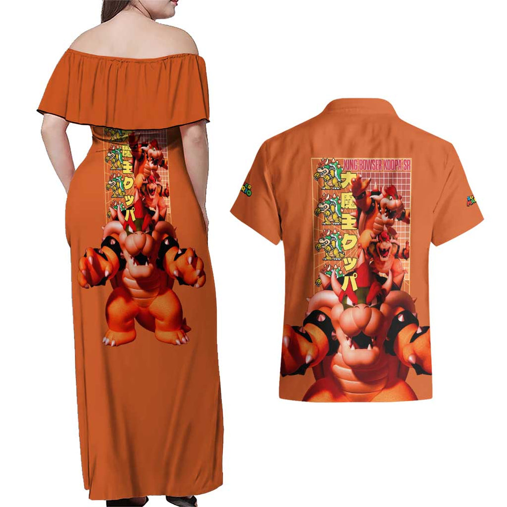 Bowser Mario Bros Couples Matching Off Shoulder Maxi Dress and Hawaiian Shirt Anime Style