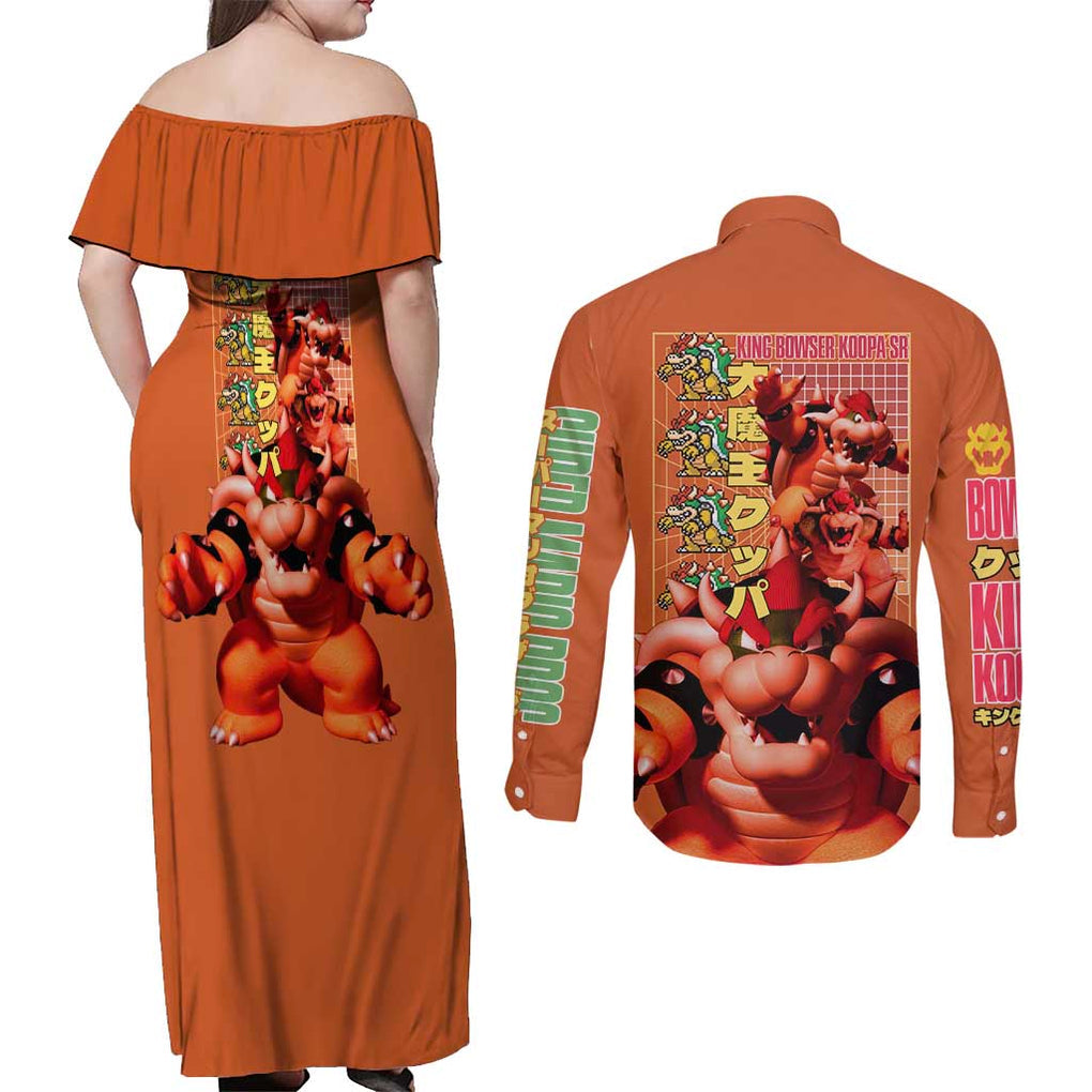 Bowser Mario Bros Couples Matching Off Shoulder Maxi Dress and Long Sleeve Button Shirt Anime Style