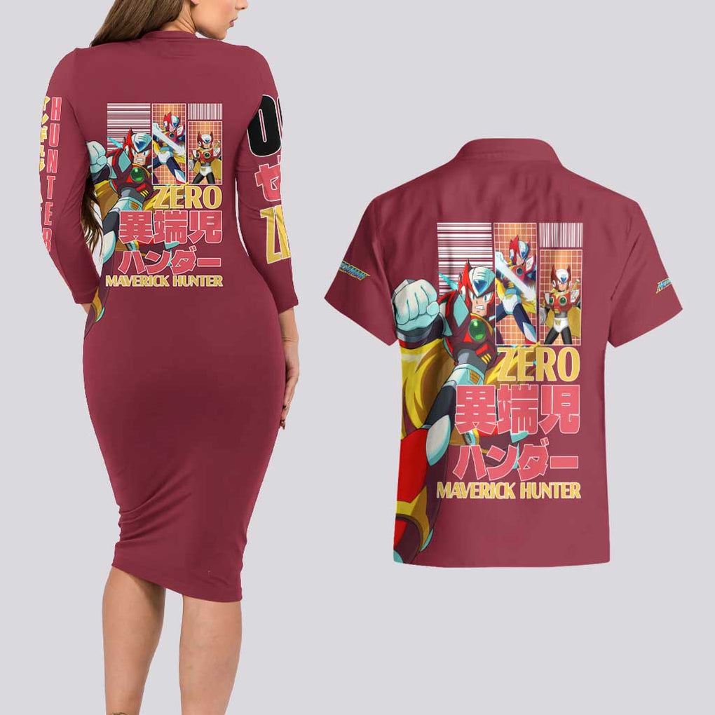 Zero Mega Man Couples Matching Long Sleeve Bodycon Dress and Hawaiian Shirt Anime Style