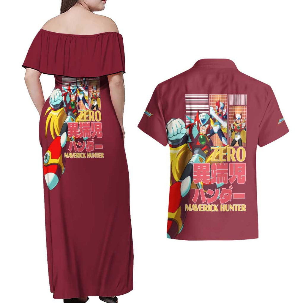 Zero Mega Man Couples Matching Off Shoulder Maxi Dress and Hawaiian Shirt Anime Style