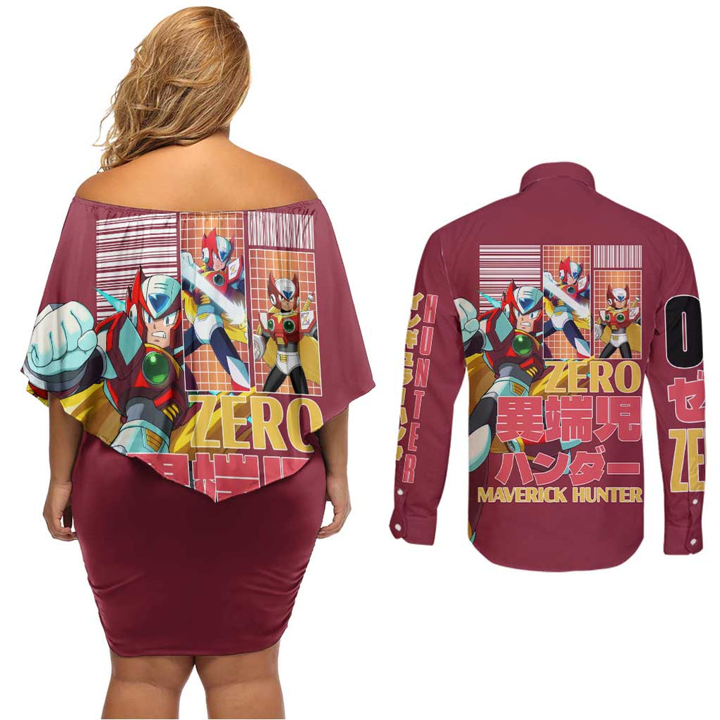 Zero Mega Man Couples Matching Off Shoulder Short Dress and Long Sleeve Button Shirt Anime Style