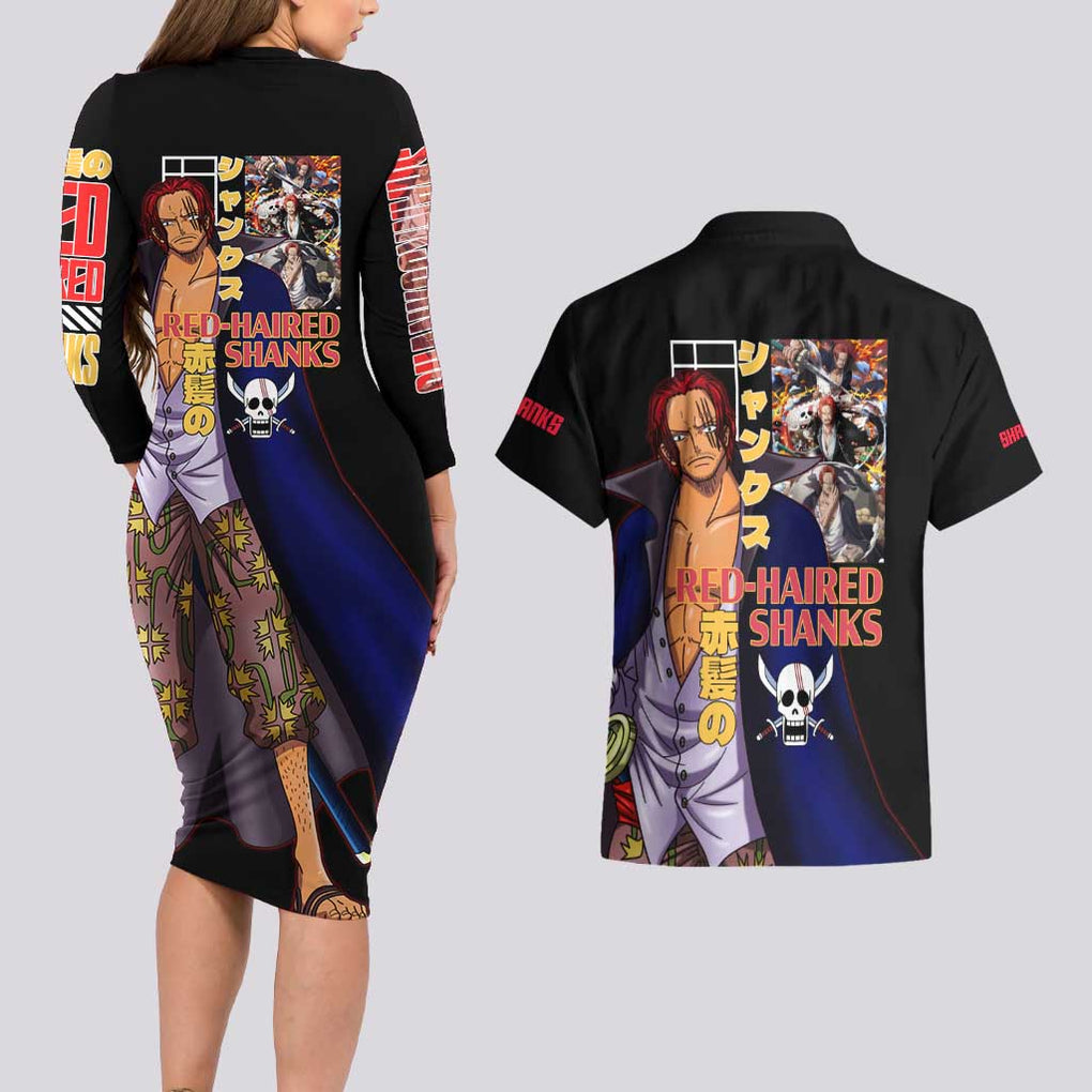 Shanks V2 One Piece Couples Matching Long Sleeve Bodycon Dress and Hawaiian Shirt Anime Style