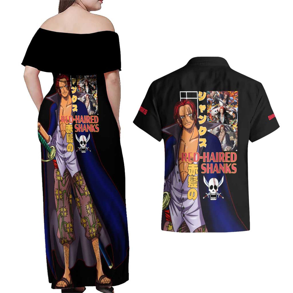 Shanks V2 One Piece Couples Matching Off Shoulder Maxi Dress and Hawaiian Shirt Anime Style