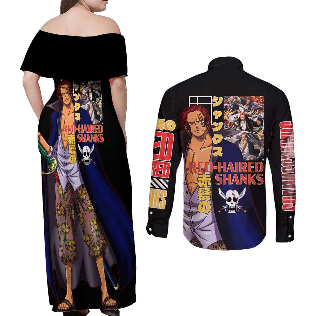 Shanks V2 One Piece Couples Matching Off Shoulder Maxi Dress and Long Sleeve Button Shirt Anime Style