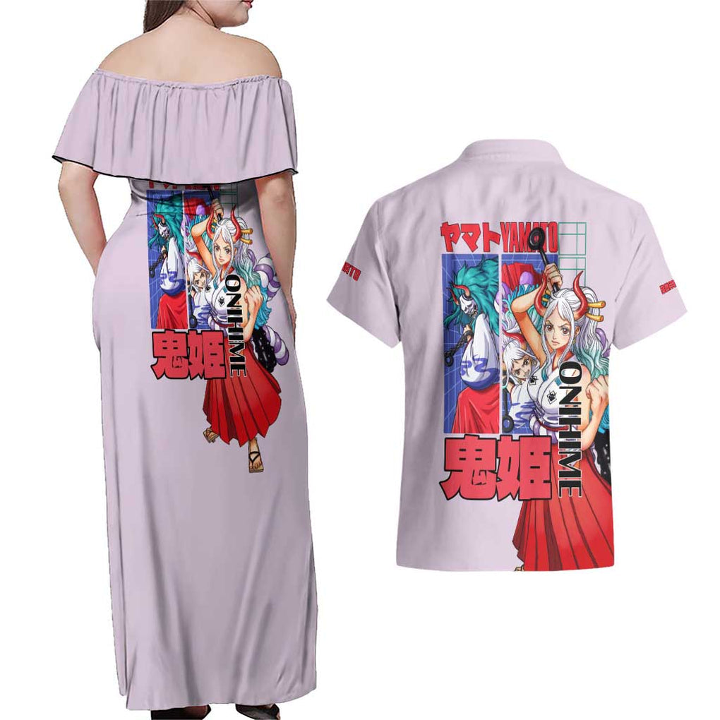 Yamato V2 One Piece Couples Matching Off Shoulder Maxi Dress and Hawaiian Shirt Anime Style