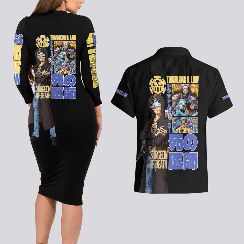 Trafalgar D. Law V3 One Piece Couples Matching Long Sleeve Bodycon Dress and Hawaiian Shirt Anime Style