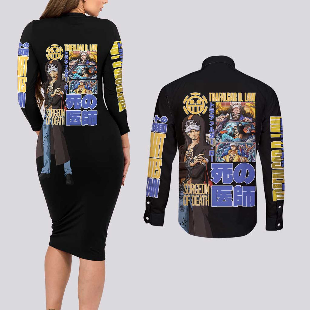 Trafalgar D. Law V3 One Piece Couples Matching Long Sleeve Bodycon Dress and Long Sleeve Button Shirt Anime Style
