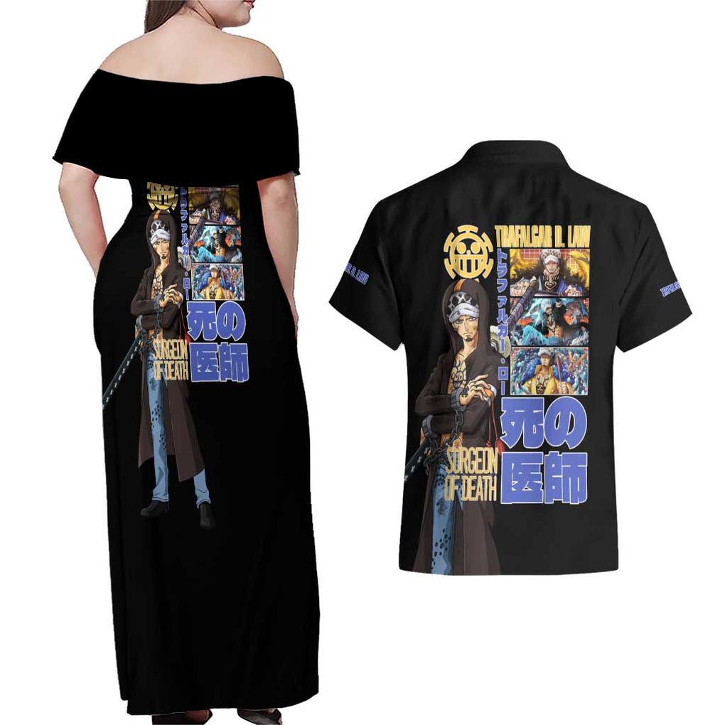 Trafalgar D. Law V3 One Piece Couples Matching Off Shoulder Maxi Dress and Hawaiian Shirt Anime Style