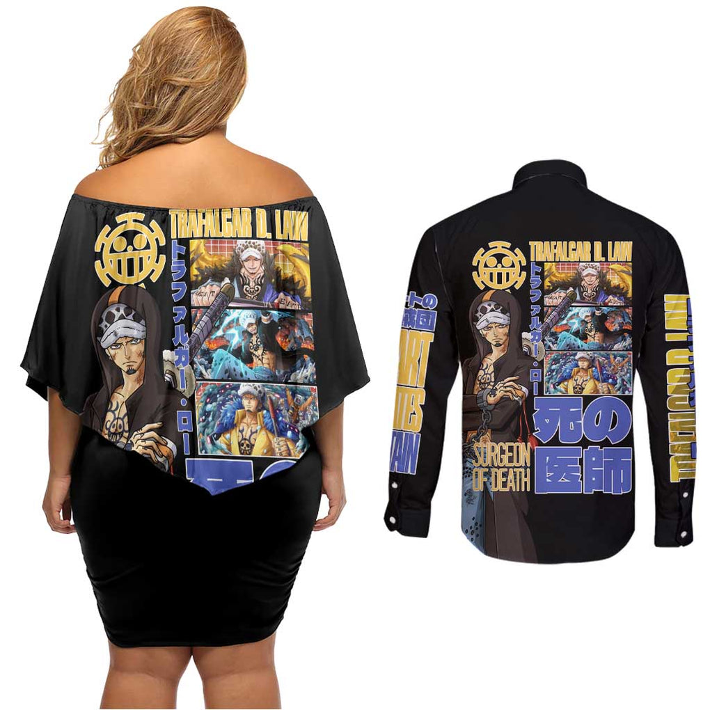 Trafalgar D. Law V3 One Piece Couples Matching Off Shoulder Short Dress and Long Sleeve Button Shirt Anime Style