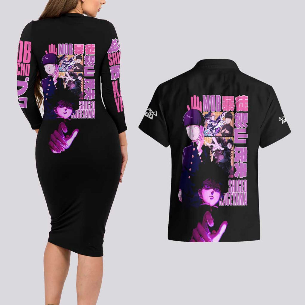 Shigeo Kageyama V3 Mob Psycho 100 Couples Matching Long Sleeve Bodycon Dress and Hawaiian Shirt Anime Style
