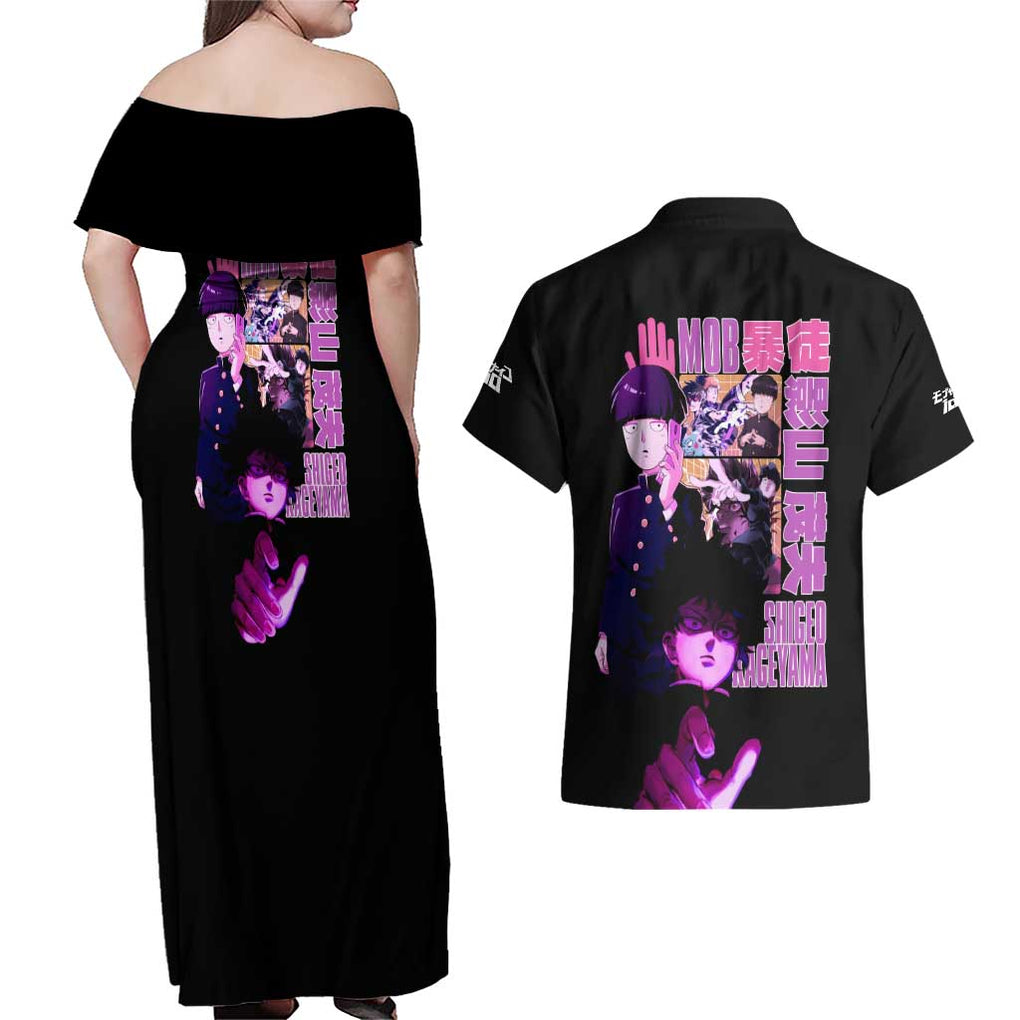 Shigeo Kageyama V3 Mob Psycho 100 Couples Matching Off Shoulder Maxi Dress and Hawaiian Shirt Anime Style