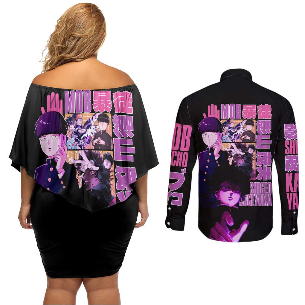 Shigeo Kageyama V3 Mob Psycho 100 Couples Matching Off Shoulder Short Dress and Long Sleeve Button Shirt Anime Style