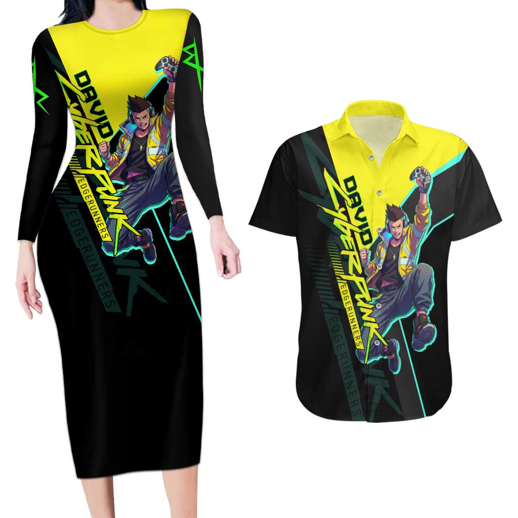 David Martinez Cyberpunk Edgerunners Couples Matching Long Sleeve Bodycon Dress and Hawaiian Shirt Futuristic Neon Anime Style