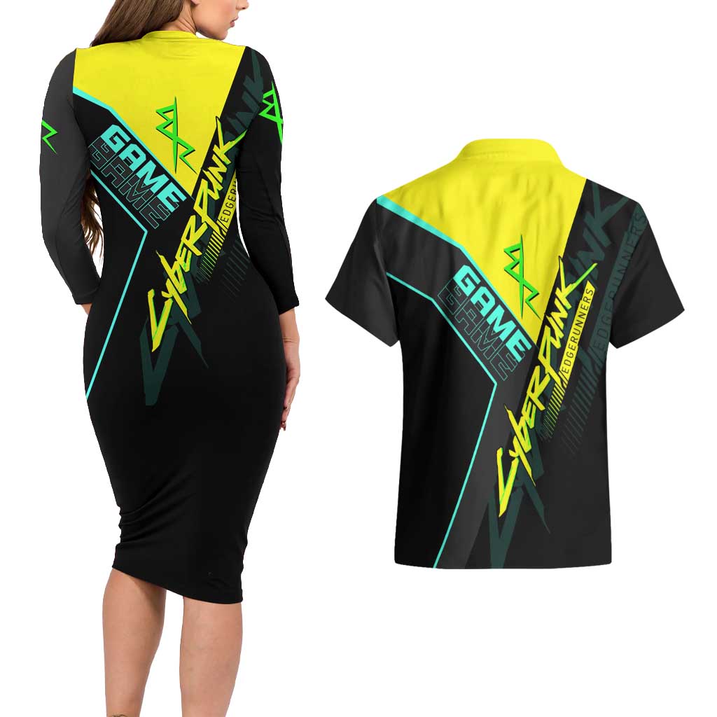 David Martinez Cyberpunk Edgerunners Couples Matching Long Sleeve Bodycon Dress and Hawaiian Shirt Futuristic Neon Anime Style