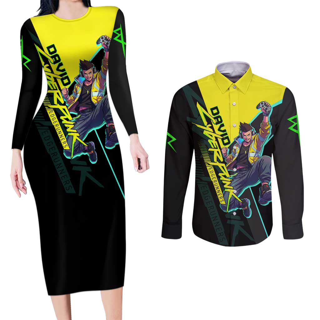 David Martinez Cyberpunk Edgerunners Couples Matching Long Sleeve Bodycon Dress and Long Sleeve Button Shirt Futuristic Neon Anime Style