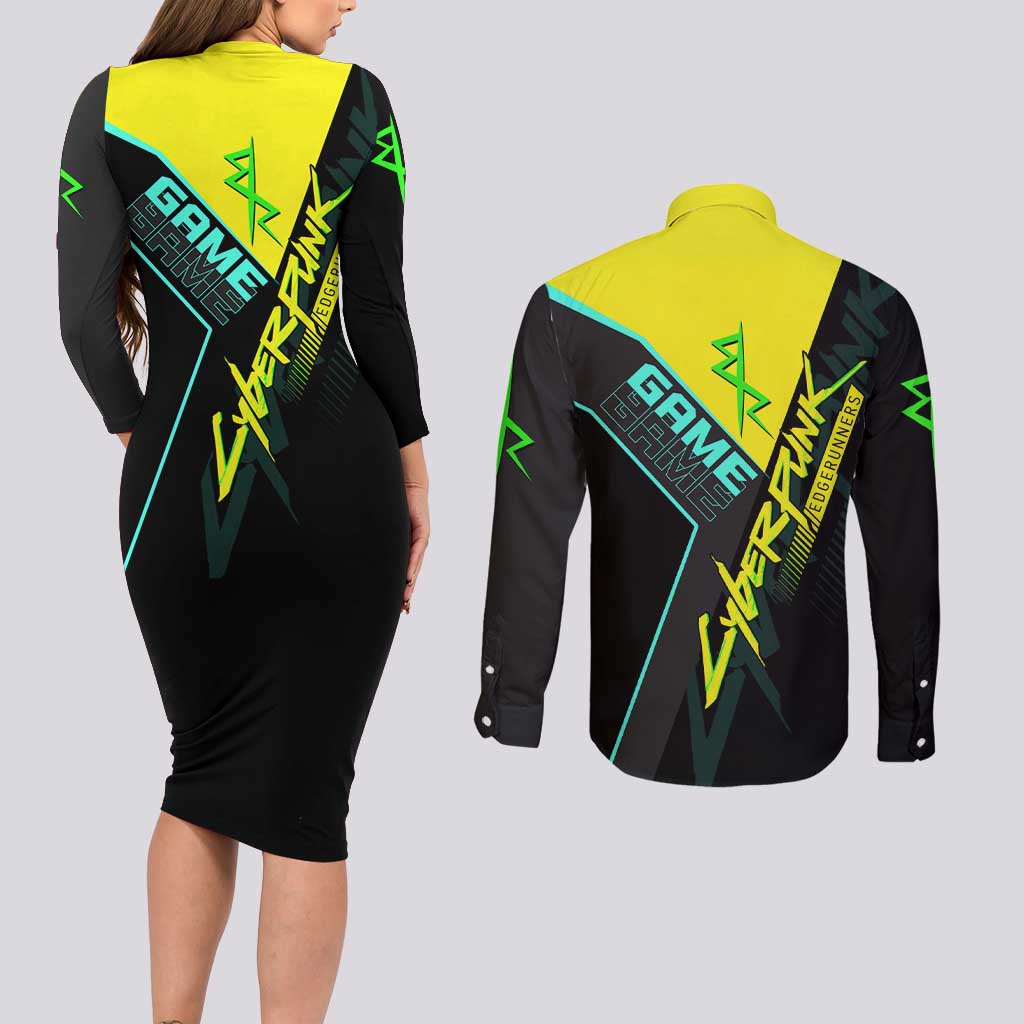 David Martinez Cyberpunk Edgerunners Couples Matching Long Sleeve Bodycon Dress and Long Sleeve Button Shirt Futuristic Neon Anime Style