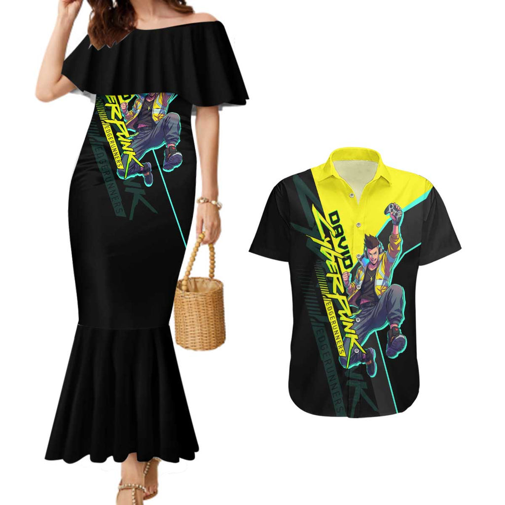 David Martinez Cyberpunk Edgerunners Couples Matching Mermaid Dress and Hawaiian Shirt Futuristic Neon Anime Style