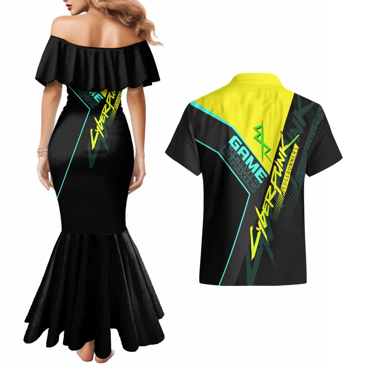 David Martinez Cyberpunk Edgerunners Couples Matching Mermaid Dress and Hawaiian Shirt Futuristic Neon Anime Style