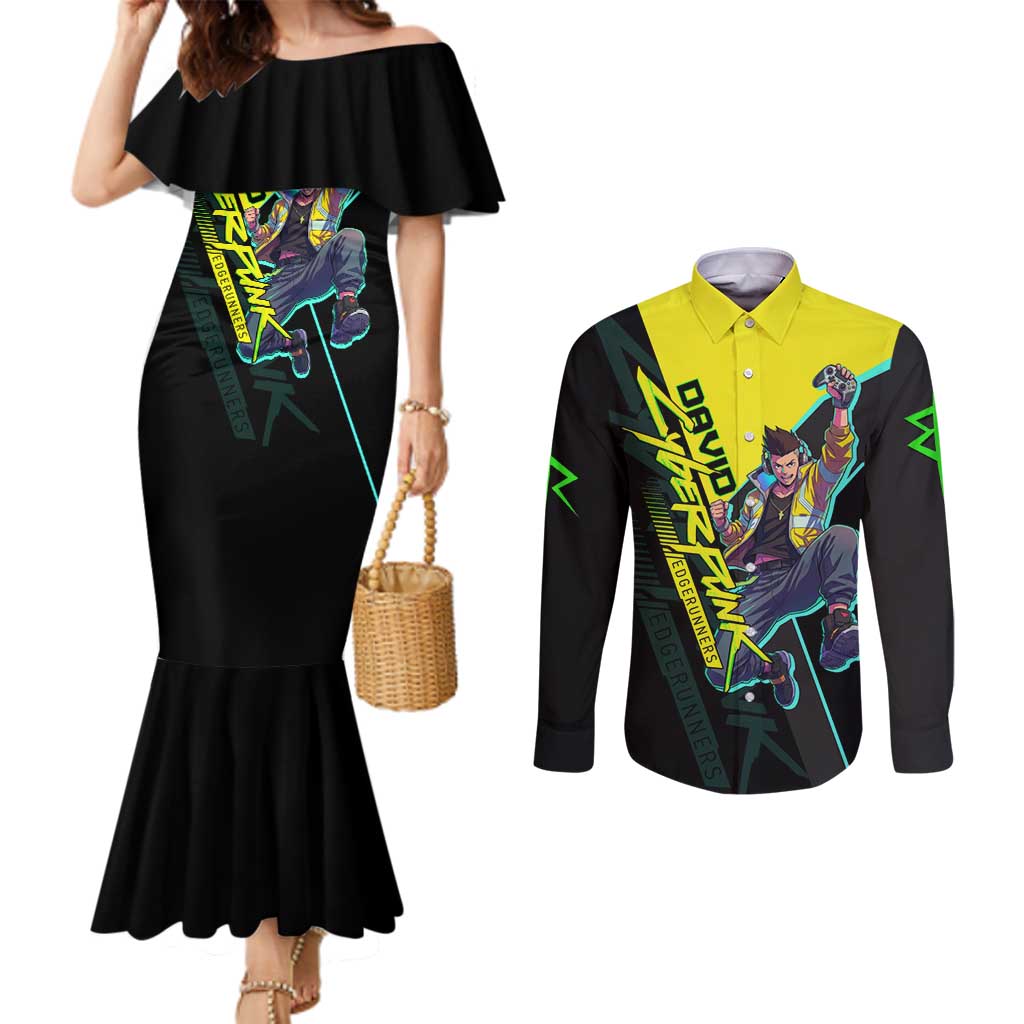 David Martinez Cyberpunk Edgerunners Couples Matching Mermaid Dress and Long Sleeve Button Shirt Futuristic Neon Anime Style