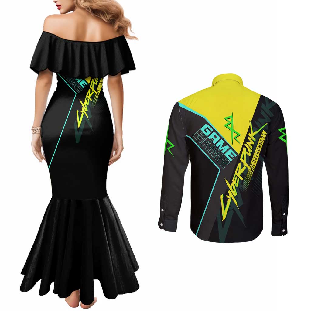 David Martinez Cyberpunk Edgerunners Couples Matching Mermaid Dress and Long Sleeve Button Shirt Futuristic Neon Anime Style