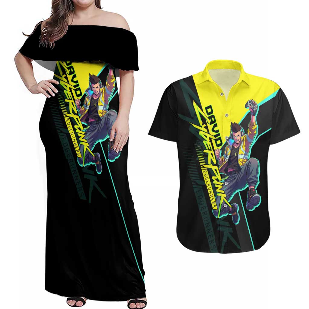 David Martinez Cyberpunk Edgerunners Couples Matching Off Shoulder Maxi Dress and Hawaiian Shirt Futuristic Neon Anime Style