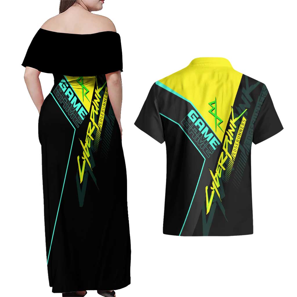 David Martinez Cyberpunk Edgerunners Couples Matching Off Shoulder Maxi Dress and Hawaiian Shirt Futuristic Neon Anime Style