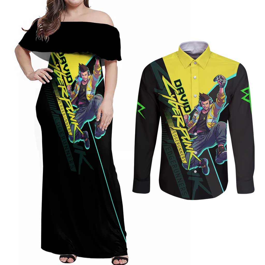 David Martinez Cyberpunk Edgerunners Couples Matching Off Shoulder Maxi Dress and Long Sleeve Button Shirt Futuristic Neon Anime Style