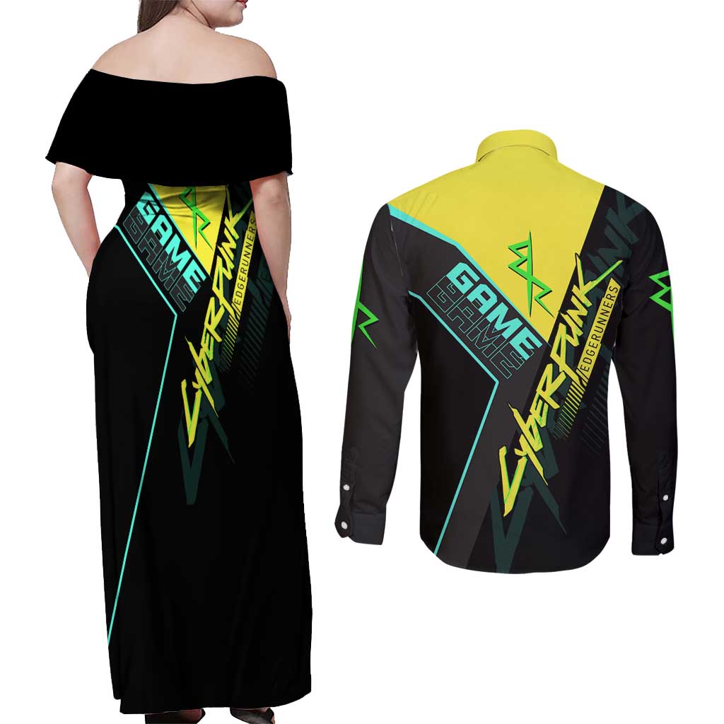 David Martinez Cyberpunk Edgerunners Couples Matching Off Shoulder Maxi Dress and Long Sleeve Button Shirt Futuristic Neon Anime Style