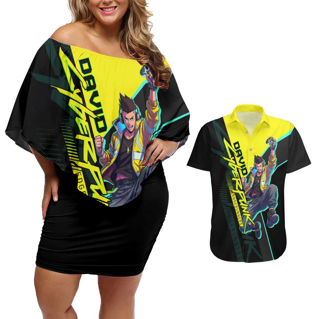 David Martinez Cyberpunk Edgerunners Couples Matching Off Shoulder Short Dress and Hawaiian Shirt Futuristic Neon Anime Style