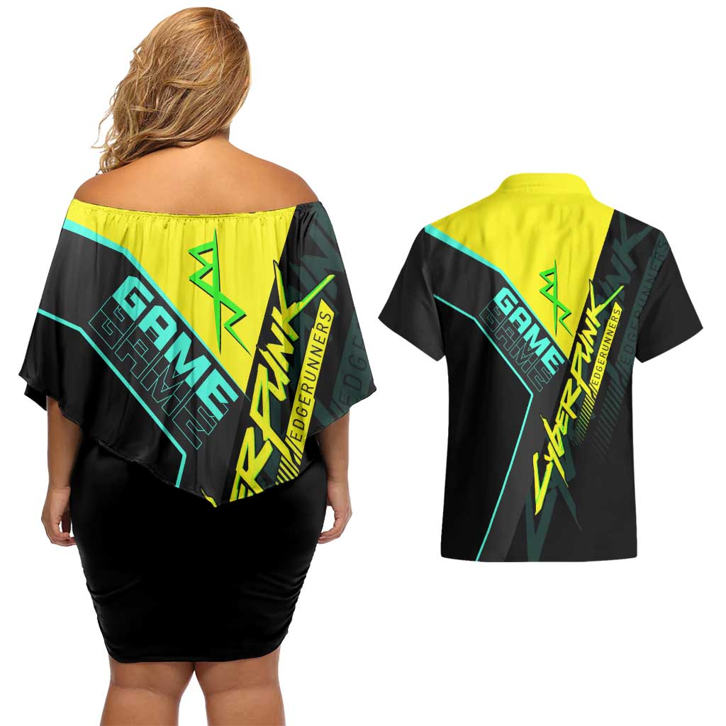 David Martinez Cyberpunk Edgerunners Couples Matching Off Shoulder Short Dress and Hawaiian Shirt Futuristic Neon Anime Style