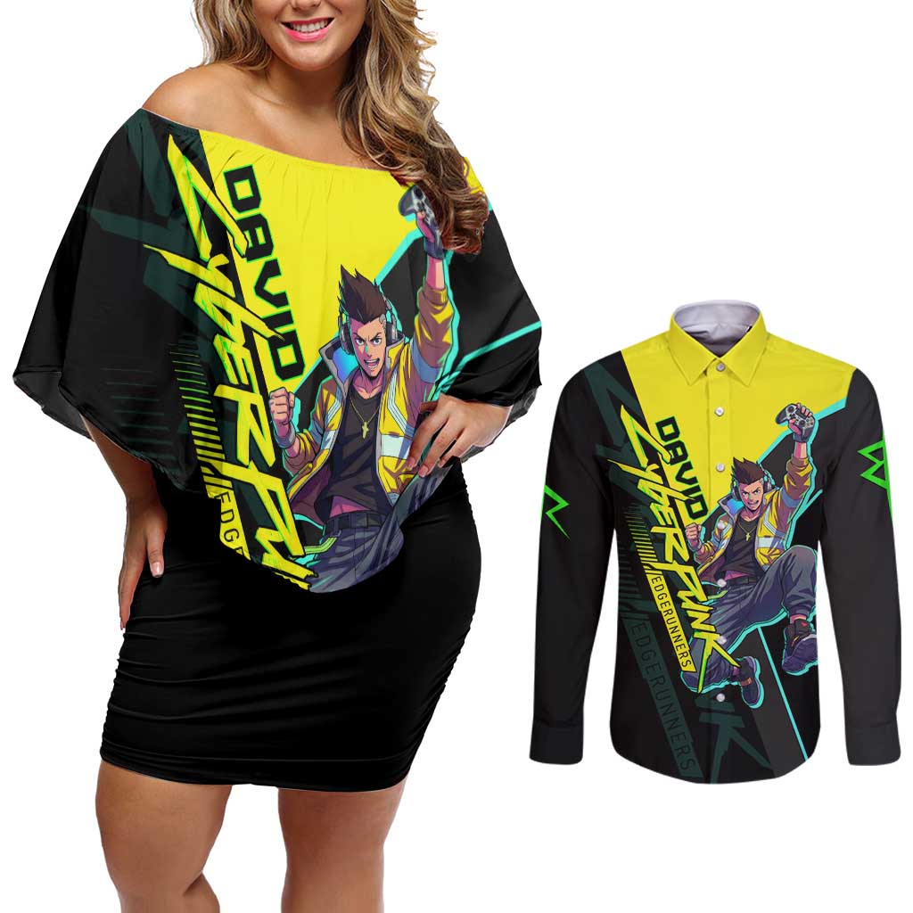 David Martinez Cyberpunk Edgerunners Couples Matching Off Shoulder Short Dress and Long Sleeve Button Shirt Futuristic Neon Anime Style