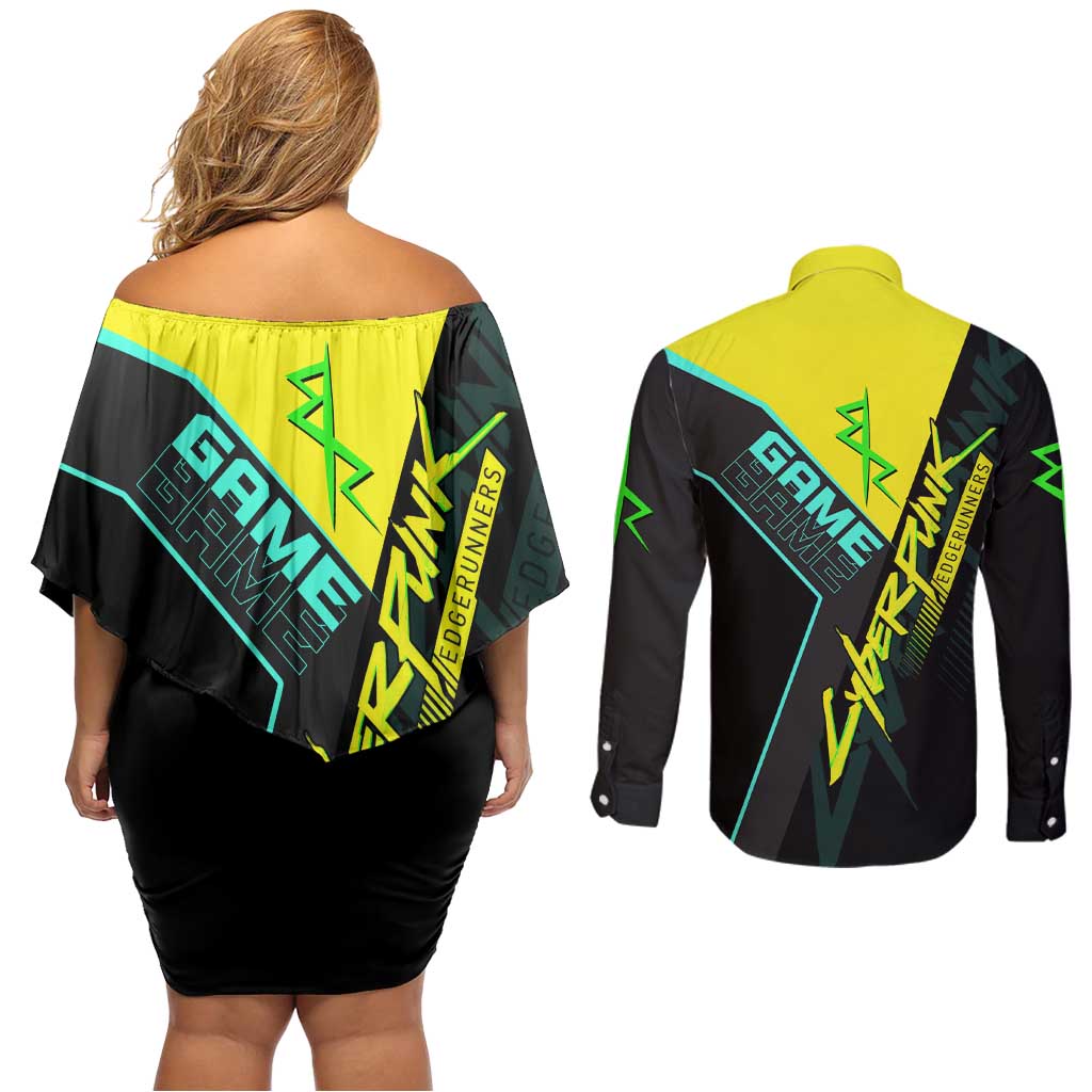 David Martinez Cyberpunk Edgerunners Couples Matching Off Shoulder Short Dress and Long Sleeve Button Shirt Futuristic Neon Anime Style