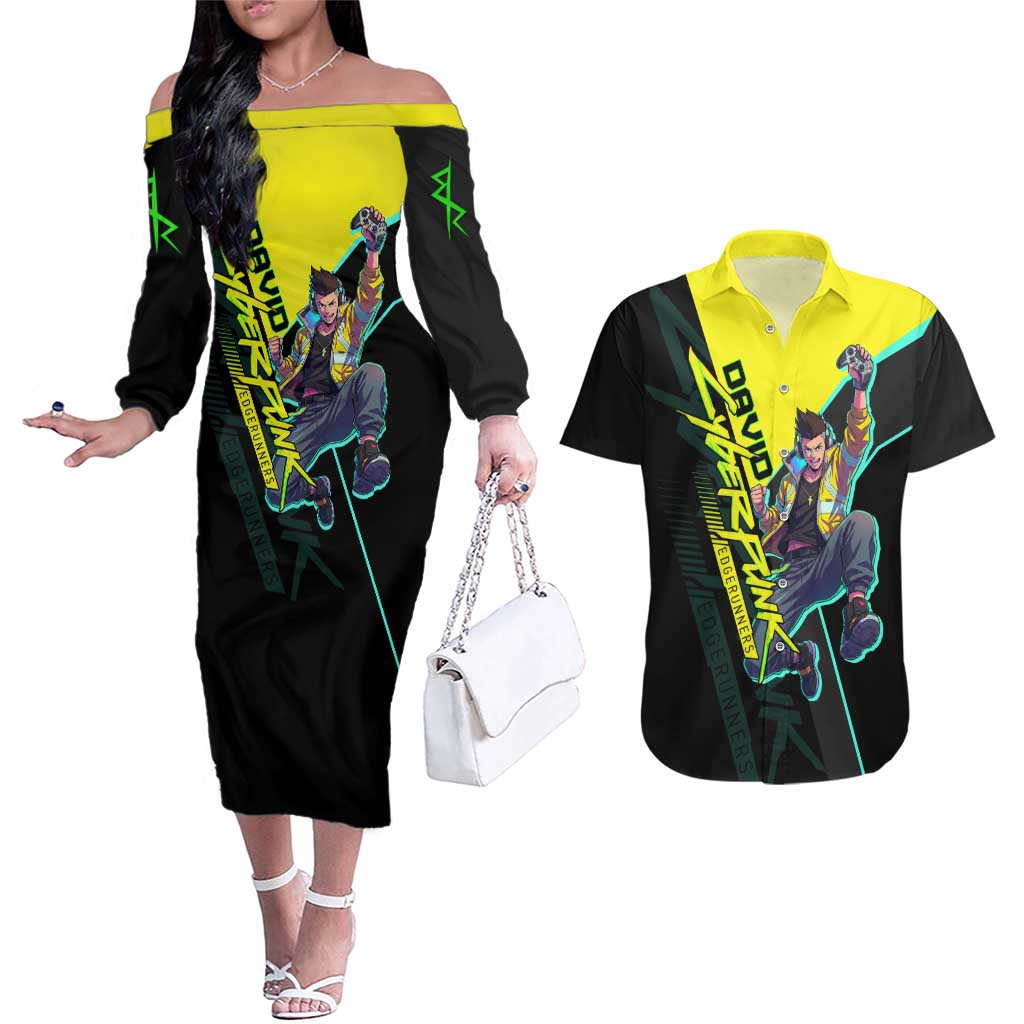 David Martinez Cyberpunk Edgerunners Couples Matching Off The Shoulder Long Sleeve Dress and Hawaiian Shirt Futuristic Neon Anime Style