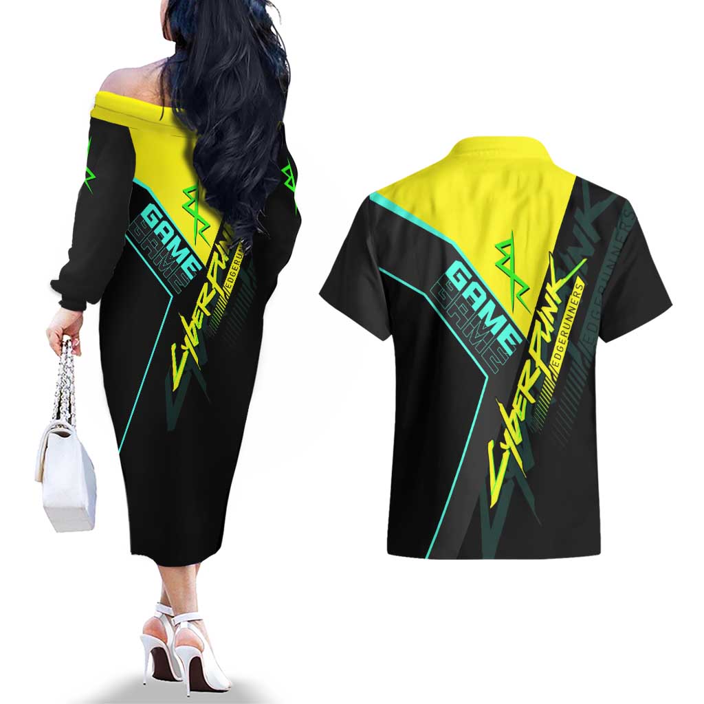 David Martinez Cyberpunk Edgerunners Couples Matching Off The Shoulder Long Sleeve Dress and Hawaiian Shirt Futuristic Neon Anime Style
