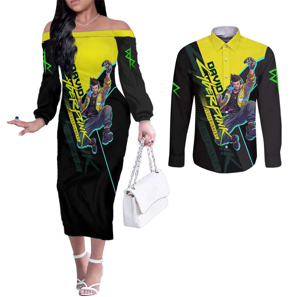 David Martinez Cyberpunk Edgerunners Couples Matching Off The Shoulder Long Sleeve Dress and Long Sleeve Button Shirt Futuristic Neon Anime Style