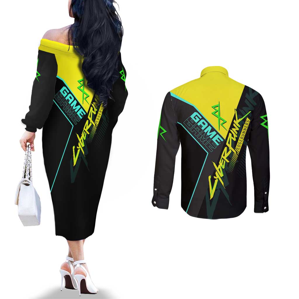 David Martinez Cyberpunk Edgerunners Couples Matching Off The Shoulder Long Sleeve Dress and Long Sleeve Button Shirt Futuristic Neon Anime Style