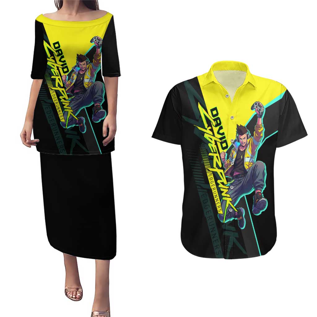 David Martinez Cyberpunk Edgerunners Couples Matching Puletasi and Hawaiian Shirt Futuristic Neon Anime Style