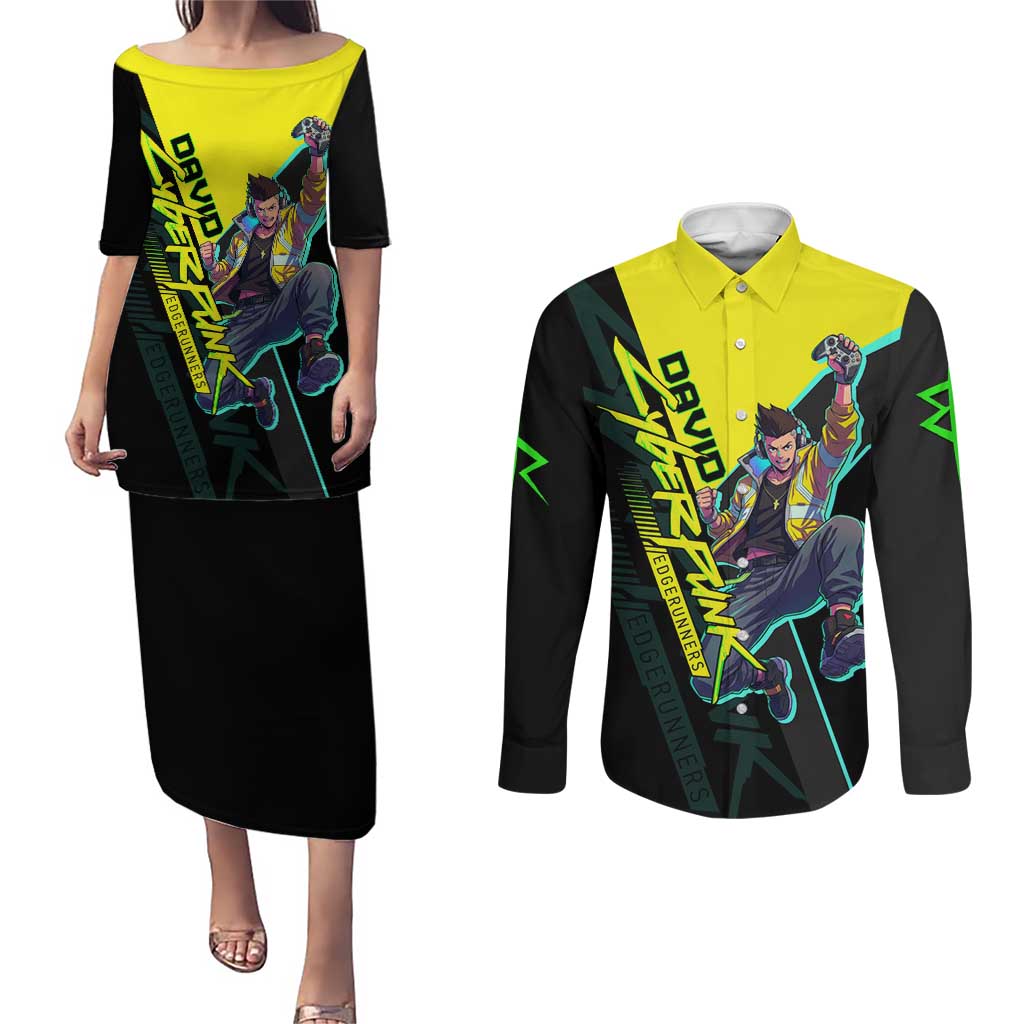 David Martinez Cyberpunk Edgerunners Couples Matching Puletasi and Long Sleeve Button Shirt Futuristic Neon Anime Style