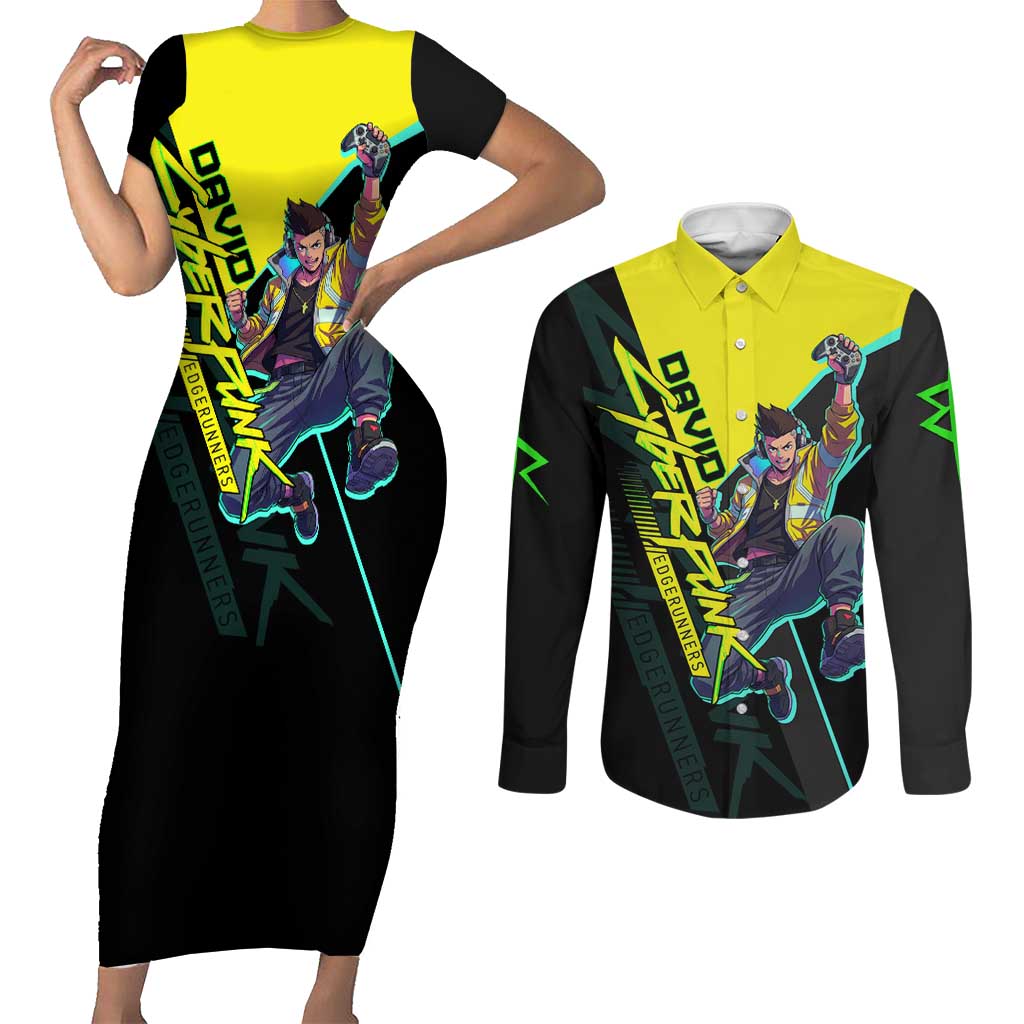 David Martinez Cyberpunk Edgerunners Couples Matching Short Sleeve Bodycon Dress and Long Sleeve Button Shirt Futuristic Neon Anime Style