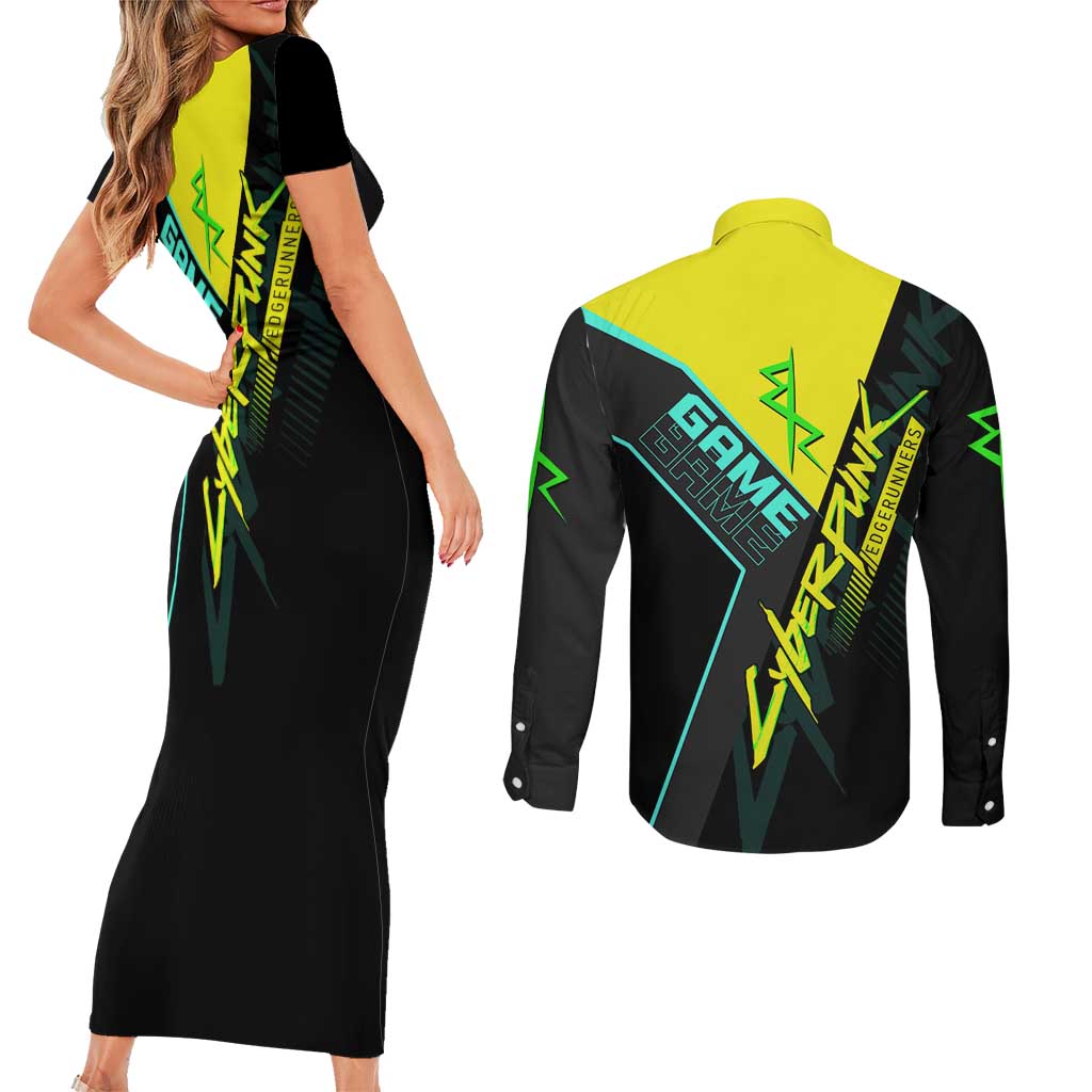 David Martinez Cyberpunk Edgerunners Couples Matching Short Sleeve Bodycon Dress and Long Sleeve Button Shirt Futuristic Neon Anime Style