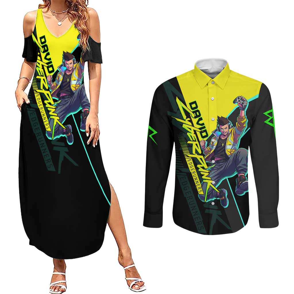 David Martinez Cyberpunk Edgerunners Couples Matching Summer Maxi Dress and Long Sleeve Button Shirt Futuristic Neon Anime Style