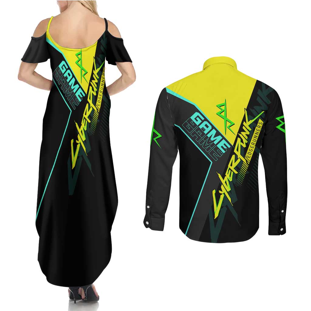 David Martinez Cyberpunk Edgerunners Couples Matching Summer Maxi Dress and Long Sleeve Button Shirt Futuristic Neon Anime Style
