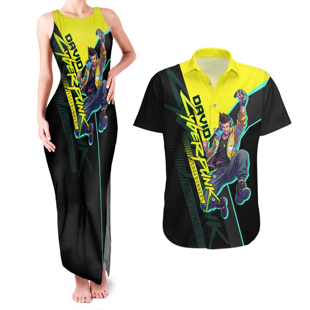 David Martinez Cyberpunk Edgerunners Couples Matching Tank Maxi Dress and Hawaiian Shirt Futuristic Neon Anime Style