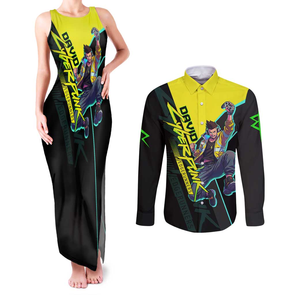 David Martinez Cyberpunk Edgerunners Couples Matching Tank Maxi Dress and Long Sleeve Button Shirt Futuristic Neon Anime Style